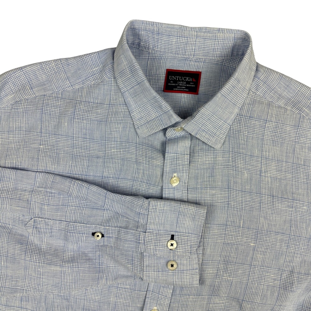 UNTUCKit Mens Large Linen Shirt Blue Glen Plaid Relaxed Fit Wrinkle Resistant LS